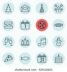 Set Of 16 Christmas Icons. Can Be Used For Web, Mobile, UI And Infographic Design. Includes Elements Such As Ribbon, Schedule, Month And More.