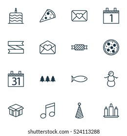 Set Of 16 Christmas Icons. Can Be Used For Web, Mobile, UI And Infographic Design. Includes Elements Such As Box, Snowman, Pizza And More.