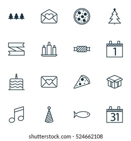 Set Of 16 Christmas Icons. Can Be Used For Web, Mobile, UI And Infographic Design. Includes Elements Such As Note, Date, Xmas And More.