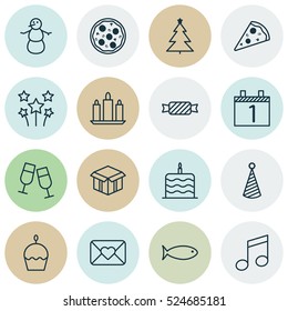 Set Of 16 Christmas Icons. Can Be Used For Web, Mobile, UI And Infographic Design. Includes Elements Such As Envelope, Aquatic, Firework And More.