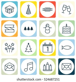 Set Of 16 Christmas Icons. Can Be Used For Web, Mobile, UI And Infographic Design. Includes Elements Such As Celebrating, Banner, Box And More.