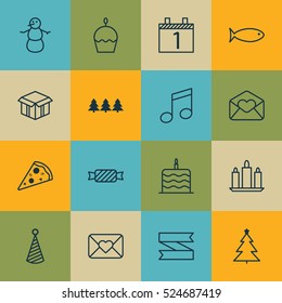 Set Of 16 Christmas Icons. Can Be Used For Web, Mobile, UI And Infographic Design. Includes Elements Such As Fish, Cupcake, Close And More.