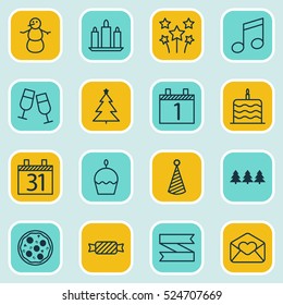 Set Of 16 Christmas Icons. Can Be Used For Web, Mobile, UI And Infographic Design. Includes Elements Such As Snowman, Banner, Cupcake And More.