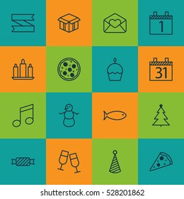 Set Of 16 Christmas Icons. Can Be Used For Web, Mobile, UI And Infographic Design. Includes Elements Such As Blank Ribbon, Decorated Tree, Champagne Glasses And More.