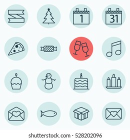 Set Of 16 Christmas Icons. Can Be Used For Web, Mobile, UI And Infographic Design. Includes Elements Such As Crotchets, Birthday Cake, Fishing And More.