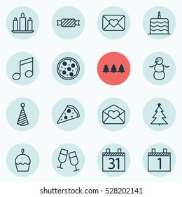 Set Of 16 Christmas Icons. Can Be Used For Web, Mobile, UI And Infographic Design. Includes Elements Such As Date, Birthday Hat, Winter And More.