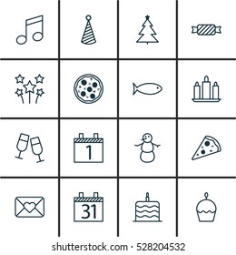 Set Of 16 Christmas Icons. Can Be Used For Web, Mobile, UI And Infographic Design. Includes Elements Such As Celebration Letter, Wax, Celebration Cake And More.