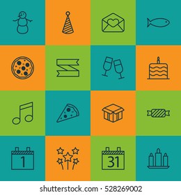 Set Of 16 Christmas Icons. Can Be Used For Web, Mobile, UI And Infographic Design. Includes Elements Such As Date, Sliced Pizza, Fishing And More.