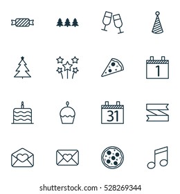 Set Of 16 Christmas Icons. Can Be Used For Web, Mobile, UI And Infographic Design. Includes Elements Such As Blank Ribbon, Holiday Ornament, Champagne Glasses And More.