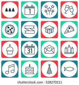 Set Of 16 Christmas Icons. Can Be Used For Web, Mobile, UI And Infographic Design. Includes Elements Such As Birthday Hat, Holiday Ornament, Crotchets And More.
