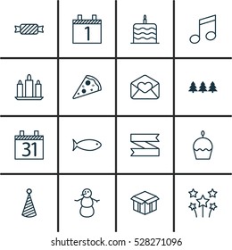 Set Of 16 Christmas Icons. Can Be Used For Web, Mobile, UI And Infographic Design. Includes Elements Such As Crotchets, Blank Ribbon, Greeting Email And More.