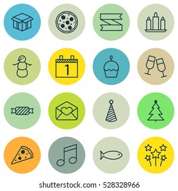 Set Of 16 Christmas Icons. Can Be Used For Web, Mobile, UI And Infographic Design. Includes Elements Such As Greeting Email, Sliced Pizza, Winter And More.