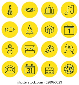 Set Of 16 Christmas Icons. Can Be Used For Web, Mobile, UI And Infographic Design. Includes Elements Such As Blank Ribbon, Sweet, Open Cardboard And More.