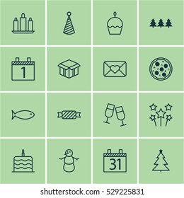 Set Of 16 Christmas Icons. Can Be Used For Web, Mobile, UI And Infographic Design. Includes Elements Such As Champagne Glasses, Fishing, Winter And More.