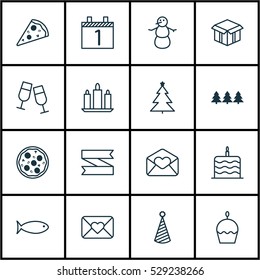 Set Of 16 Christmas Icons. Can Be Used For Web, Mobile, UI And Infographic Design. Includes Elements Such As Birthday Cake, Agenda, Birthday Hat And More.