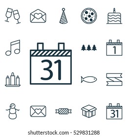 Set Of 16 Christmas Icons. Can Be Used For Web, Mobile, UI And Infographic Design. Includes Elements Such As Celebration Cake, Greeting Email, Pizza Meal And More.
