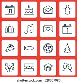 Set Of 16 Christmas Icons. Can Be Used For Web, Mobile, UI And Infographic Design. Includes Elements Such As Crotchets, Greeting Email, Celebration Letter And More.