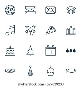 Set Of 16 Christmas Icons. Can Be Used For Web, Mobile, UI And Infographic Design. Includes Elements Such As Festive Fireworks, Open Cardboard, Holiday Ornament And More.