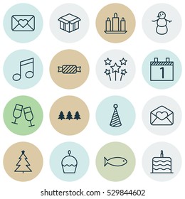 Set Of 16 Christmas Icons. Can Be Used For Web, Mobile, UI And Infographic Design. Includes Elements Such As Decorated Tree, Agenda, Festive Fireworks And More.