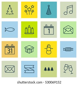 Set Of 16 Christmas Icons. Can Be Used For Web, Mobile, UI And Infographic Design. Includes Elements Such As Open Cardboard, Birthday Hat, Sweet And More.