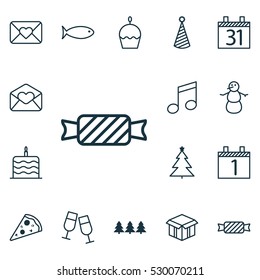 Set Of 16 Christmas Icons. Can Be Used For Web, Mobile, UI And Infographic Design. Includes Elements Such As Decorated Tree, Birthday Cake, Open Cardboard And More.