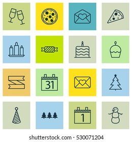 Set Of 16 Christmas Icons. Can Be Used For Web, Mobile, UI And Infographic Design. Includes Elements Such As Winter, Date, Sliced Pizza And More.
