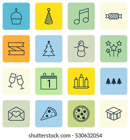 Set Of 16 Christmas Icons. Can Be Used For Web, Mobile, UI And Infographic Design. Includes Elements Such As Wax, Champagne Glasses, Crotchets And More.