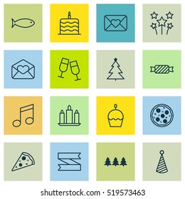 Set Of 16 Christmas Icons. Includes Elements Such As Celebrate, Greeting, Candy And More