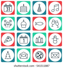 Set Of 16 Christmas Icons. Includes Crotchets, Birthday Hat, Festive Fireworks And Other Symbols. Beautiful Design Elements.