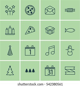 Set Of 16 Christmas Icons. Includes Decorated Tree, Sweet, Pizza Meal And Other Symbols. Beautiful Design Elements.