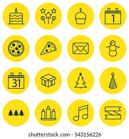 Set Of 16 Christmas Icons. Includes Winter, Blank Ribbon, Celebration Letter And Other Symbols. Beautiful Design Elements.