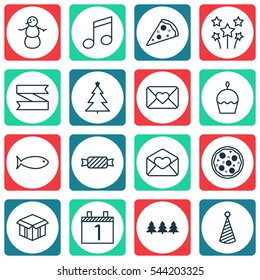 Set Of 16 Christmas Icons. Includes Birthday Hat, Sliced Pizza, Pizza Meal And Other Symbols. Beautiful Design Elements.