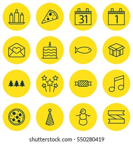 Set Of 16 Christmas Icons. Includes Agenda, Fishing, Birthday Hat And Other Symbols. Beautiful Design Elements.