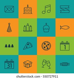 Set Of 16 Christmas Icons. Includes Fishing, Celebration Letter, Crotchets And Other Symbols. Beautiful Design Elements.
