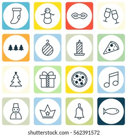 Set Of 16 Christmas Icons. Includes Winter, Fireplace Decoration, Gift And Other Symbols. Beautiful Design Elements.