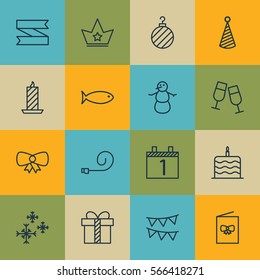 Set Of 16 Christmas Icons. Includes Agenda, Celebration Card, Fishing And Other Symbols. Beautiful Design Elements.