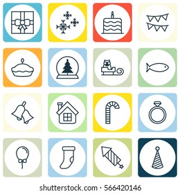 Set Of 16 Christmas Icons. Includes Ringer, Balloon, Firework And Other Symbols. Beautiful Design Elements.