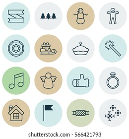 Set Of 16 Christmas Icons. Includes Winter, Toboggan, Holiday Ornament And Other Symbols. Beautiful Design Elements.