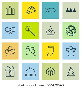 Set Of 16 Christmas Icons. Includes Sliced Pizza, Open Cardboard, Fireplace Decoration And Other Symbols. Beautiful Design Elements.