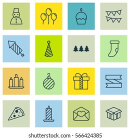 Set Of 16 Christmas Icons. Includes Wax, Air Ball, Decorative Flags And Other Symbols. Beautiful Design Elements.