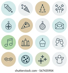 Set Of 16 Christmas Icons. Includes Pizza Meal, Champagne Glasses, Firecracker And Other Symbols. Beautiful Design Elements.