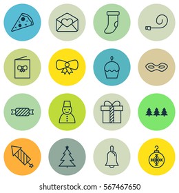 Set Of 16 Christmas Icons. Includes Holiday Ornament, Handbell, Firework Symbols. Beautiful Design Elements.