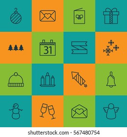 Set Of 16 Christmas Icons. Includes Holiday Ornament, Handbell, Celebration Letter Symbols. Beautiful Design Elements.