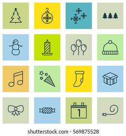 Set Of 16 Christmas Icons. Includes Fire Wax, Decorated Tree, Agenda And Other Symbols. Beautiful Design Elements.