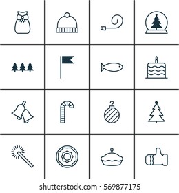 Set Of 16 Christmas Icons. Includes Flag Point, Knitted Cap, Decorated Tree And Other Symbols. Beautiful Design Elements.