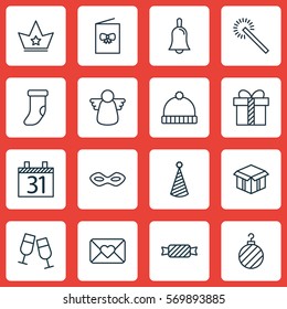 Set Of 16 Christmas Icons. Includes Date, Open Cardboard, Gift And Other Symbols. Beautiful Design Elements.