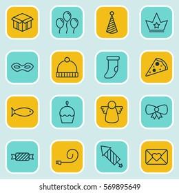 Set Of 16 Christmas Icons. Includes Celebration Letter, Archangel, Fireplace Decoration And Other Symbols. Beautiful Design Elements.