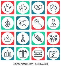 Set Of 16 Christmas Icons. Includes Snow Person, Blank Ribbon, Tree Toy And Other Symbols. Beautiful Design Elements.
