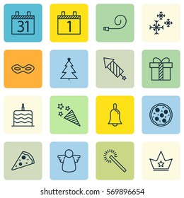 Set Of 16 Christmas Icons. Includes Firecracker, Sliced Pizza, Decorated Tree And Other Symbols. Beautiful Design Elements.