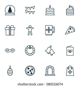 Set Of 16 Christmas Icons. Includes Shortcake, Decorative Flags, Gift And Other Symbols. Beautiful Design Elements.